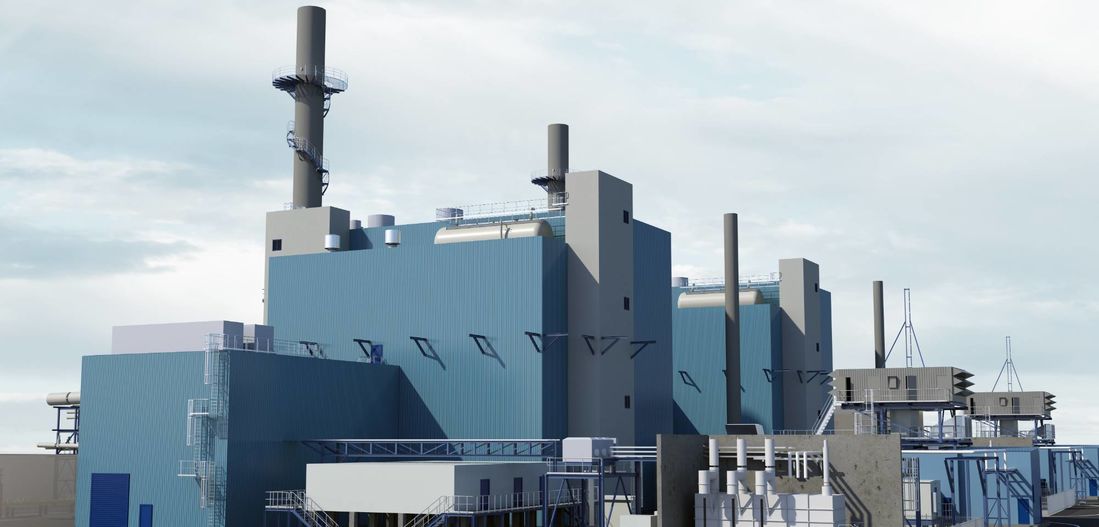 Modellhafte Darstellung des neuen, hocheffizienten und modernen Gas- und Dampfturbinenkraftwerks, das Evonik im Chemiepark Marl errichten wird.