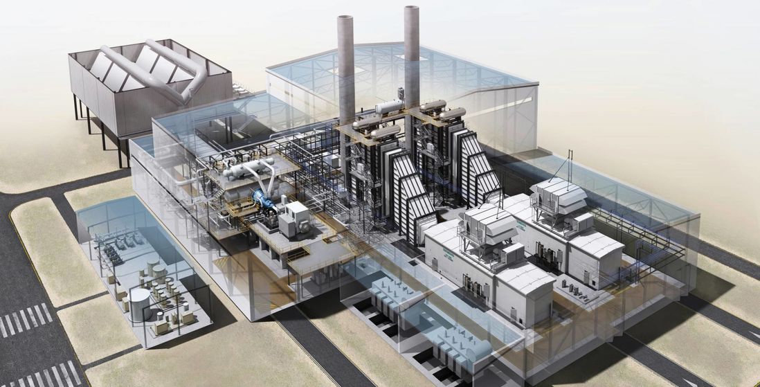 Modellhafte Darstellung des neuen, hocheffizienten Gas- und Dampfturbinenkraftwerks, das Evonik im Chemiepark Marl in ähnlicher Form errichten wird.